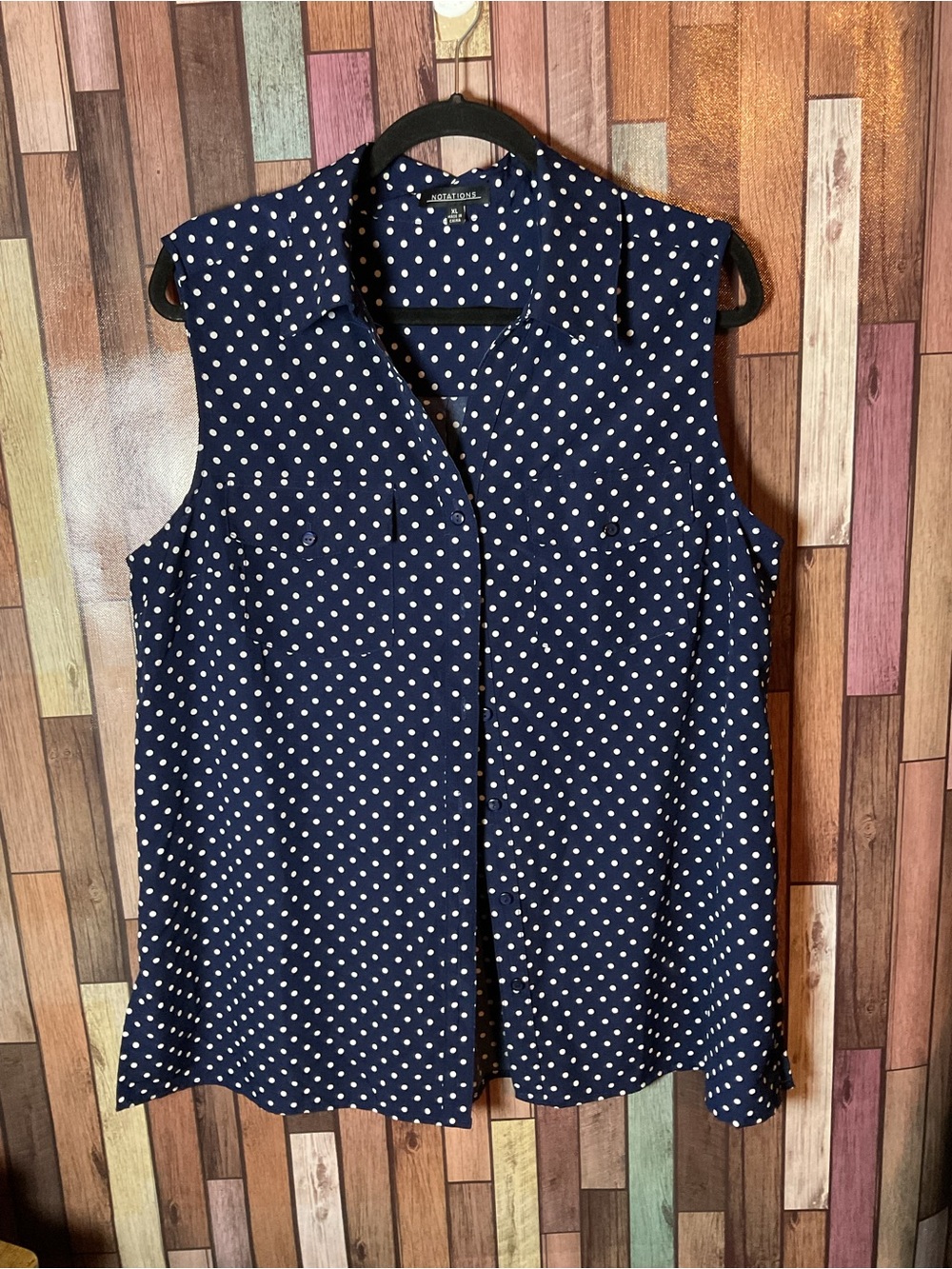 Women’s Notations Navy Blue White Polka Dot Sleeveless Top Size XL